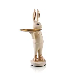 SMOKEY COCKTAIL Beige & Gold-Toned Polyresin Cheerful Bunny With Tray Showpiece-5 Inch image 2