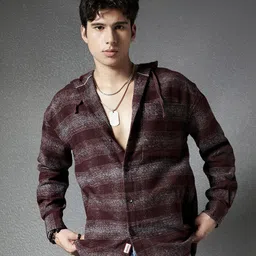 VOLTEDGE Men Classic Relaxed Fit Hood Horizontal Striped Cotton Casual Shirt-picture-35