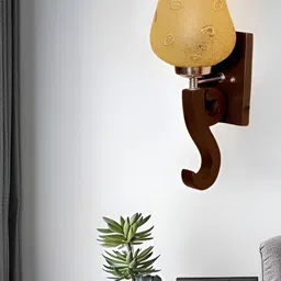 KINIS Brown & Gold-Toned Printed Wooden Frustum Shaped Wall Lamp With Bulb-image-9