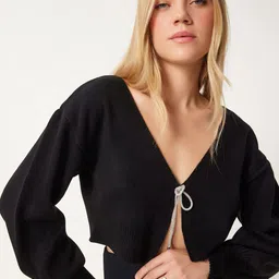 Happiness istanbul Women Drop-Shoulder Sleeves Tie-Up Crop Cardigan image 4