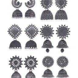 MEENAZ Set Of 6 Silver-Plated Oxidised Dome Shaped Jhumkas-image-82