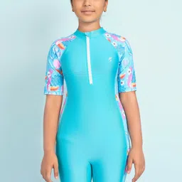 Muhuratam Girls Floral Print Nylon Short Sleeves Swim Suit With Goggles-image-0