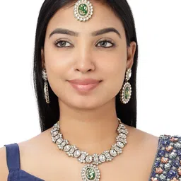 VELVET IMPERIAL Silver-Plated Artificial Stone Studded Oxidised Necklace And Earrings-picture-17