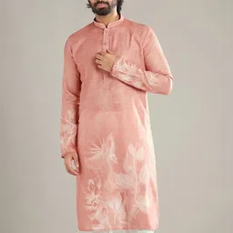 KALKI Fashion Men Floral Printed Regular Linen Kurta with Trousers image 2