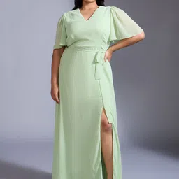 20Dresses Women Plus Size Bell Sleeve Georgette Fit & Flare Maxi Dress With Belt-image-1