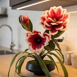 AARVI DECOR STUDIO Red & Green Magnolia Artificial Flower With Pot image 3