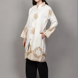 Exotic India Women Floral Woollen Longline Open Front Jacket with Embroidered image 2