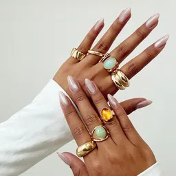 StyleCast x Revolte Women Set Of 7 Gold-Plated Stones Studded Adjustable Finger Rings image 2