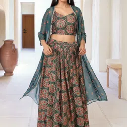 W Printed Round Neck Sleeveless Organza Crop Top with Skirt and Shrug Set-image-1