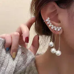 Zaphariq Gold-Plated Tasselled CZ Studded & Pearls Beaded Spherical Korean Ear Cuff image 3