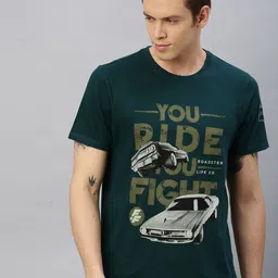 Roadster Men Fast and Furious Green Printed Round Neck Pure Cotton T-shirt-picture-17