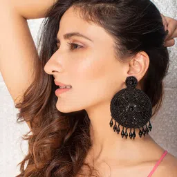 Fida Black Beaded Circle Taselled Drop Earrings-image-1