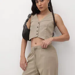 The Roadster Life Co. V-Neck Pure Cotton Crop Waistcoat With Trousers-picture-37