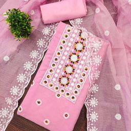 MANVAA Floral Embroidered Thread Work Chanderi Cotton Unstitched Dress Material-picture-0