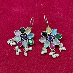 SSN Global Silver-Plated Artificial Stones Studded & Beaded Oxidised Floral Drop Earrings-picture-18
