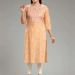 Cotton Culture Orange Cotton Embroidered Straight Kurta-image-1