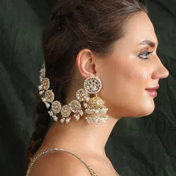 AURAA TRENDS Gold Plated Pearls Dome Shape Jhumkas With Hair Chain image 4