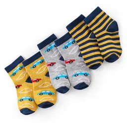 Doodle Poodle Cotton Knit Ankle Length Socks Stripe  & Car Design Pack of 3 - Yellow Grey & Navy Blue-image-6