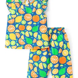 Babyhug Cotton Knit Single Jersey Frill Sleeves Capri Night Suit With Citric Fruits Print - Navy Blue & Green-picture-20