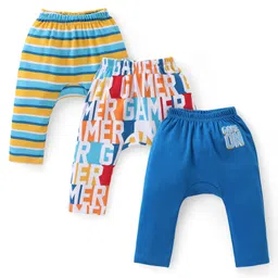 Babyhug Cotton Knit Full Length Striped Diaper Leggings Text Print Pack of 3 - Multicolour image 1