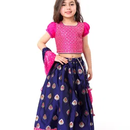 Babyhug Woven Half Sleeves Sequined Embroidered Choli Lehenga Set with Dupatta  - Navy Blue & Pink-picture-16