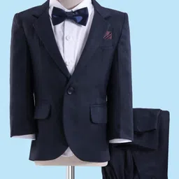 Robo Fry Woven Full Sleeves Solid 3 Piece Party Suit With Bow - Navy Blue-picture-28