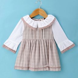 ToffyHouse 100% Woven Cotton Yarn Dyed Full Sleeves Frock With Checks & Lace Detailing - Tan & White-picture-36