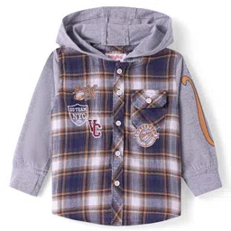 Babyhug Cotton Woven Full Sleeves Checkered Hooded Shirt With Sport Theme Embroidery - Grey & Navy Blue image 1