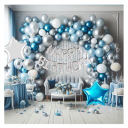 Bubble Trouble Combo of 45 Balloons Happy Birthday BannerArch & Dot Tape & gold Curtain. (OCEAN BLUE WHITE AND SILVER)-picture-16
