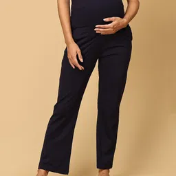 The Mom Store Cotton Spandex Solid Maternity Track Pants - Navy Blue-picture-32