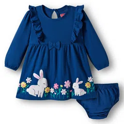 Babyhug Single Jersey Knit Full Sleeves Floral Printed Frock With Bloomer & Frill Detailing - Navy Blue-picture-19