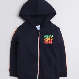 BUMZEE Fleece Knit Full Sleeves Text Printed Hooded Sweatjacket - Navy Blue-picture-24