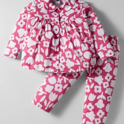 Teddy Sinker Knit Full Sleeves Co-ords Night Suit With Floral Print - Pink-picture-24