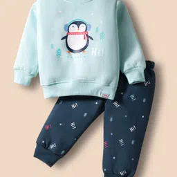 Teddy Fleece Knit Full Sleeves Winter Wear Night Suit With Penguin Print - Light Blue-picture-11