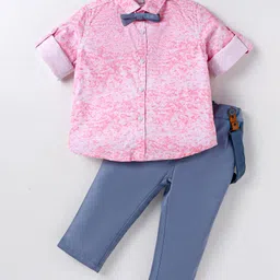 ToffyHouse Poplin Woven Full Sleeves Printed Party Shirt & Trouser Set With Bow & Suspender - Pink & Blue-picture-38