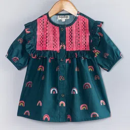Hugsntugs Cotton Woven Half Puffed Sleeves Rainbow Printed & Lace Embellished Frock Style Top - Green-image-54