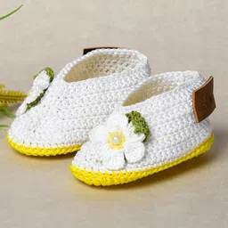 Funkrafts Knit Floral Applique Detailed Handmade Crochet Booties - White & Yellow-picture-11