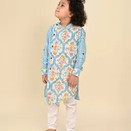 LIL PITAARA Pure Cotton Full Sleeves Floral Printed Kurta & Pyjama Set - Blue image 4
