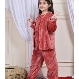NEUDIS Fleece Knit Full Sleeves Solid Coordinating Night Suit Set - Rust Orange image 5