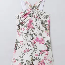 Taffykids Cotton Blend Sleeveless Floral & Birds Printed Jumpsuit - Beige & Multi Colour image 5