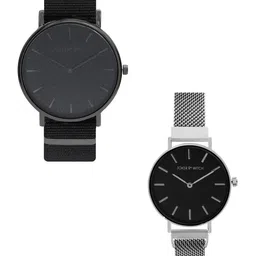 JOKER & WITCH Unisex Black & Silver-Toned Mike & Tina Couple Watch Gift Set JWCW193 image 1