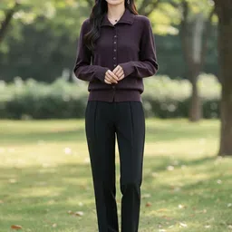 HERE&NOW Women Dark Purple Shirt Collar Long Sleeves Ribbed Polyester Cardigan-picture-17