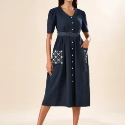 Akkriti by Pantaloons Navy Cotton Embroidered A-Line Dress-picture-33