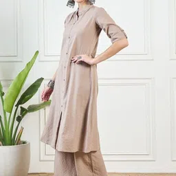 Angvarnika Striped Mandarin Collar Kantha Work Pure Cotton A-Line Kurta with Trousers image 5