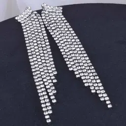 Estailo fashion Silver-Plated Tasselled Stones Studded Contemporary Shaped Drop Earrings-image-1