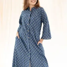 The Indian Ethnic Co Indigo A-Line Ajrakh Handblock Printed Cotton Kurta-picture-17
