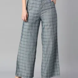 High Star Pewter Blue Check Flared Fit High Rise Trousers-image-7