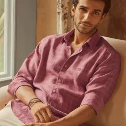 Andamen Pink Linen Slim Fit Checks Shirt-image-47