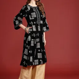 Anouk Women Tyohar Collection Ethnic Motifs Printed Thread Work Velvet Finish A-Line Kurta image 4