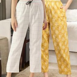 Kryptic Mustard & White Cotton Relaxed Fit Printed Lounge Pants - Pack of 2-picture-49